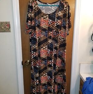 Lularoe Leggings Material Carly, size 3x, black blue gold pattern,  pre-owned